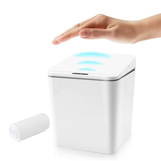 Automatic Small Countertop Trash Can with Lid, 1.5 Gal/6L Toucheless Mini Waste Bin for Office Desk/Bedside Table/Coffee Bar -Batteries, White
