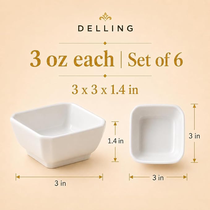 DELLING 3 Oz Ceramic Dipping Bowls Set of 6, Porcelain Soy Sauce Dish - White Dip Bowls for Charcuterie Board Cups, Small Sauce Cups for Condiment Ketchup BBQ, Dipping Sauce Cups Dishwasher Safe