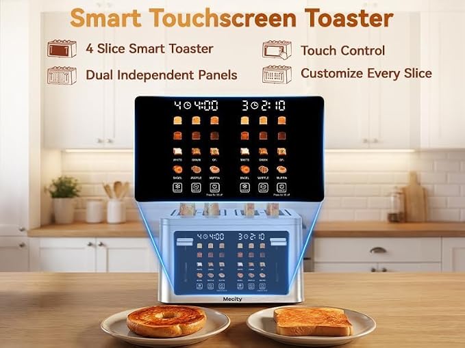 Mecity 4 Slice Touchscreen Toaster, 6 Bread Modes & 6 Browning Levels, Dual Touch Control Wide Slot Stainless Steel Electric Toaster with Memory, Defrost, 3-Min Auto Shutoff for White, Bagels, Waffles