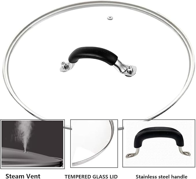 12 Inch Tempered Glass Lid for Lodge 12" Cast Iron Skillets & 7QT Dutch Ovens -Stainless Steel Handle and Rim (12 INCH LID)