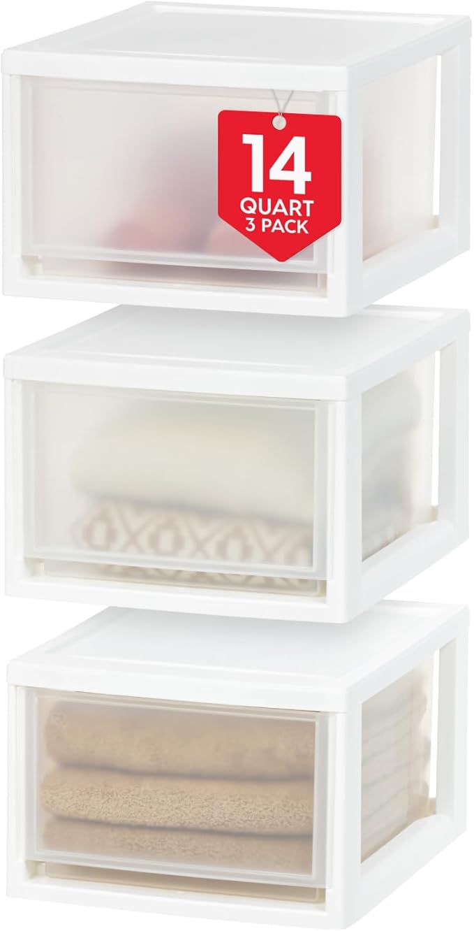 IRIS USA 3-Pack, 14.5 Qt. Stacking Drawer Storage Organizer, White | Store clothing, accessories, pantry items, and household essentials around your home with organized storage solutions