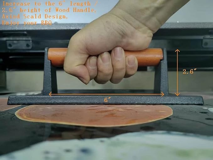 Firsgrill 8.3"×4.3" Heavy-Duty Cast Iron Grill Burger Press and Meat Steak with Wood Handle for Blackstone Camp Chef Pitboss Weber Griddle Grills (Rectangle)
