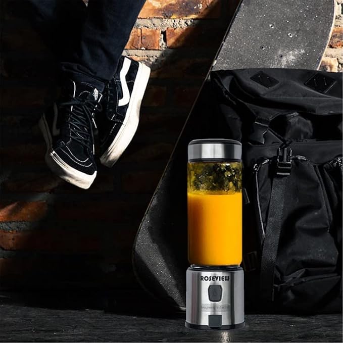 Portable Smoothie Blender ROSEVIEW Glass Cordless Mini Shakes Cup blend for smoothies USB rechargeable juicer 2 battery Handheld Personal travel Jet mixer (Black Steel) (BLKSteel)