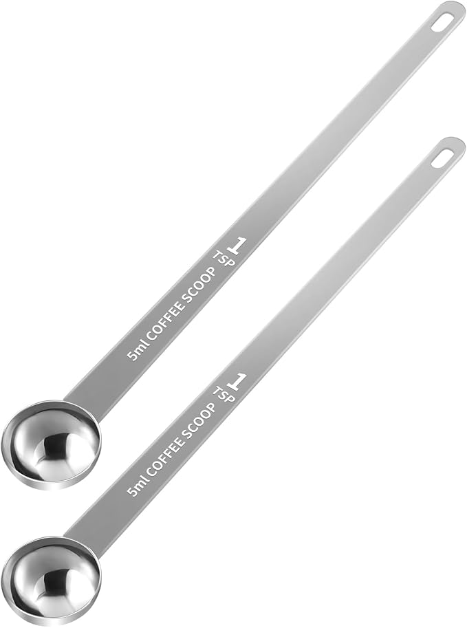 2PCS Extra Long Handle Coffee Scoop, 1Tsp(5ml) Measuring Spoon | 9” Length, Food-Grade Stainless Steel, Accurate Measurement, Dishwasher-Safe, Engraved Marking, Coffee Ritual Essential