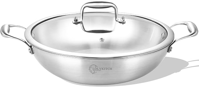 LOLYKITCH 12-Inch Stainless Steel Wok with Lid | 5-Quart | Dual Handles | Uncoated Tri-Ply Stir Fry Pan | Everyday Cooking Wok for Induction | Flat Bottom | PFOA-FREE | 3-4 Servings ﻿
