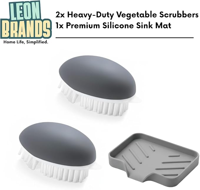 LEONBRANDS 3-Piece Vegetable Brush for Food and Silicone Sink Mat Set - Ergonomic Potato Scrubber for Deep Cleaning - Gray Kitchen Faucet Splash Guard and Veggie Brush Combo