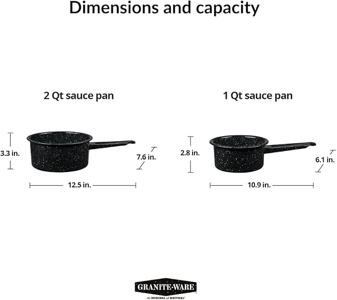 Granite Ware Saucepan Set, 1 Qt & 2 Qt - Speckled Black, Set of 2 | Porcelain Surface & Scratch-Resistant Non-Stick Pots for Sauces, Soups & Everyday Cooking, Even Heat Distribution