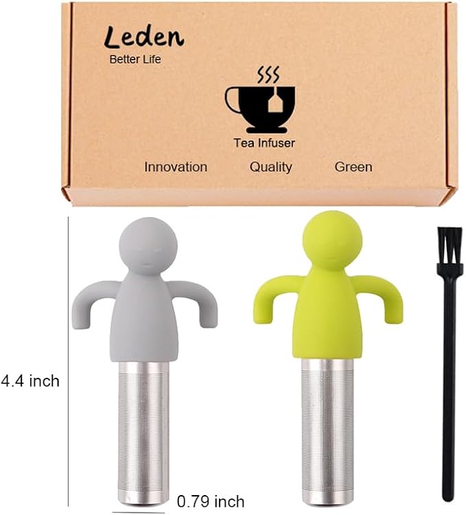 Leden 2 Pack Loose Leaf Tea Steeper Extra Fine Mesh, Gray and Green | Stainless Steel Fun Person-shaped Design Tea Strainer Filter with Silicone Handle for Loose Tea Ball for Cup Mug
