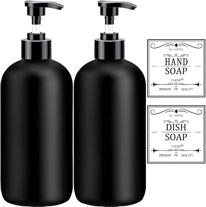 Black Soap Dispenser with Rust Proof Pump, Waterproof Labels (2 Pack,16 Oz), Plastic Hand Soap Dish Soap Dispenser for Kitchen, Premium Thick Soap Pump Bottles