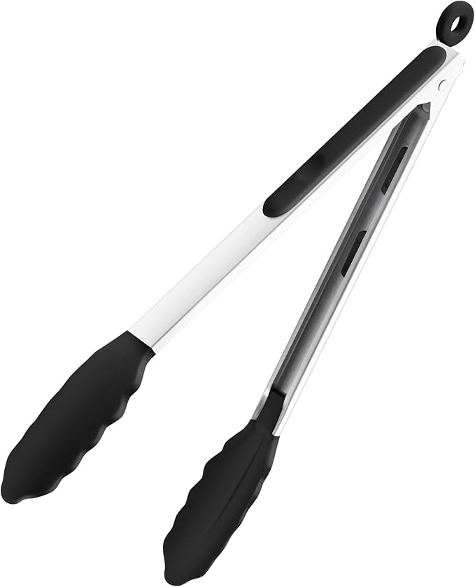 12 Inch Kitchen Tongs, Stainless Steel Cooking Tongs with Silicone Tips | For Cooking/Serving/Grilling | Heat-Resistant | Food-Grade Material | Dishwasher Safe | Black