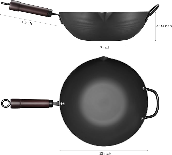 FGJ Wok, 13 Inch Carbon Steel Woks & Stir-fry Pans Nonstick | Pre-Seasoned 5.8QT Flat Bottom Chinese Wok Paella Pan with lid,PFOA/PTFE free Cookware Compatible with All Cooktops