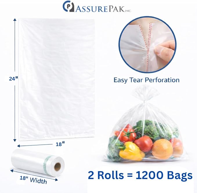 Retail Bags Direct Produce Bags, 18" x 24", 12 Micron, 1200 Count, 2 Rolls