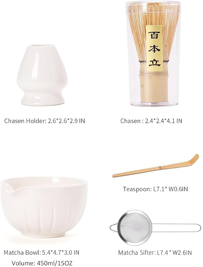 TANG PIN Matcha Set - Match Bowl and Whisk, 15 OZ Matcha Whisk Set | Matcha Scoop | Matcha Whisk Stand (Chasen Holder) - 5pc Perfect Matcha Kit for Matcha Tea Ceremony (White)