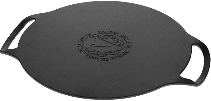 Victoria 15-Inch Cast Iron Comal Pizza Pan with 2 Side Handles, Preseasoned with Flaxseed Oil, Made in Colombia