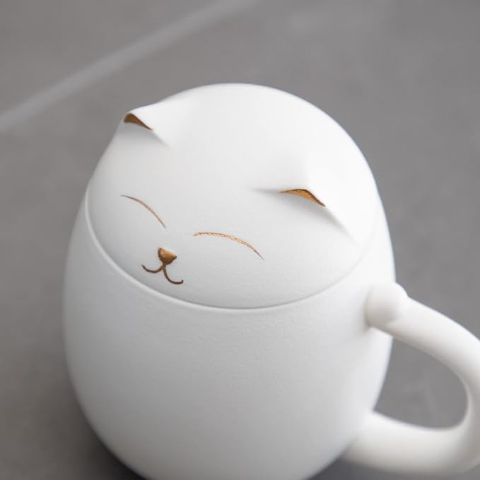 HEER Cat Ceramic Tea Mug 13.5oz with Infuser and Lid, White | Cat Lover & Cat Mom Birthday Gift for Women, Perfect for Loose Leaf Tea, Tea Strainer Cup for Home & Office Use