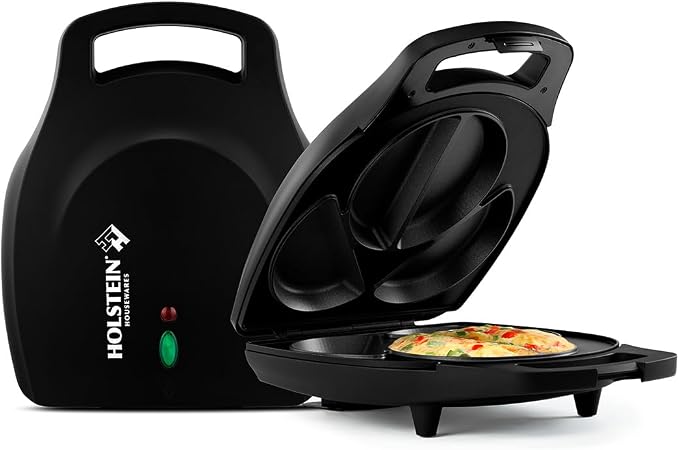 Holstein Housewares Stainless Steel 4 Section Omelet Maker, Non Stick Coating, Mess Free Cooking, Easy Cleaning, Indicator Lights, Upright Storage & Anti Slip Feet For Quick Meals. 4 Portions, Black