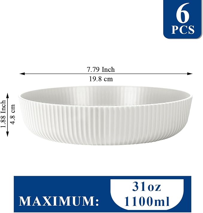 HOMQUEN Pasta Bowls Set of 6, 37oz Salad Bowls White Soup Bowls, Large Pasta Serving Bowls, Unbreakable Plastic Dinner Bowls, Dinnerware Sets,Valentines Day Gift, Dishwasher Safe (White)
