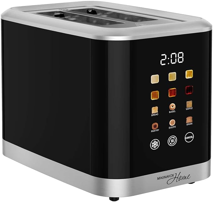 MAGNAVOX HOME, 2 Slice Smart Toaster, Touchscreen, Wide Slot for Bread, English Muffins, Croissants, and Bagels, 5 Adjustable Toast Settings, Cancel and Defrost, 6 Bread Types & Shade Settings
