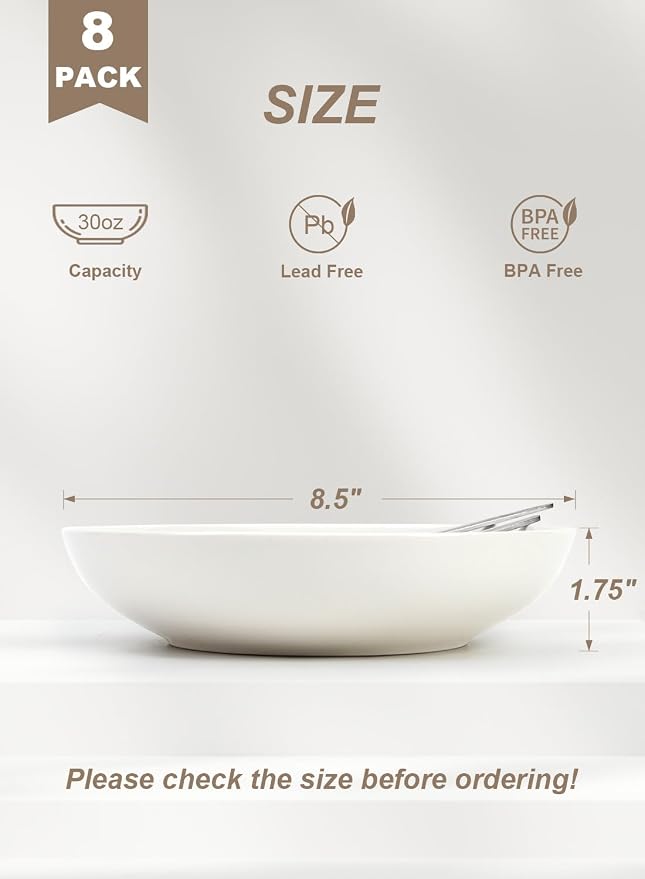 Quatish Pasta Bowls 30oz Set of 8, Salad Bowls Soup Bowl for Kitchen, Microwave & Dishwasher Safe, Large Porcelain Wide and Shallow Serving Bowl, White Dinner Plates, Dinnerware Set, Gift