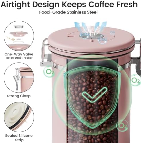 Veken Coffee Canister with Window, Airtight Stainless Steel Container,Date Tracker, Kitchen Food Storage Jars for Beans, Ground, Espresso, Rice,Tea, Sugar, Cereal, Gifts, Scoop, Pink, 22OZ (Pack of 2)