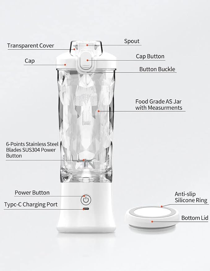 Personal Blender with 20oz Traveling Cup, Portable Blender for Shakes and Smoothies, Cordless Personal Blenders Self Cleaning, USB-C Rechargeable Licuadora Portatil for Home, Gym, Office