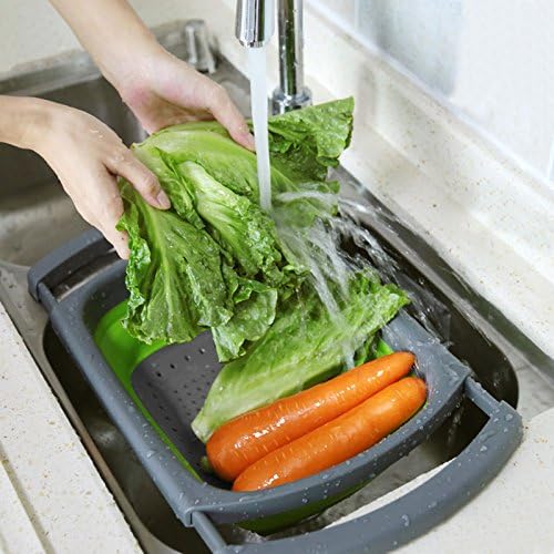 Qimh Colander collapsible, Colander Strainer Over The Sink Vegetable Fruit Strainer Basket (6 Quart) with Extendable Handles, New Kitchen Essentials