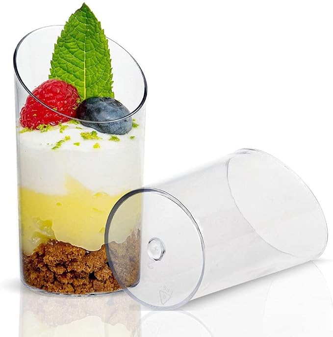 100 Pcs 2.2 oz Mini Dessert Cups with Spoons, Serves 50 | Small Plastic Dessert Shooter Cups, Parfait Shot Glasses, Slanted Tiny Cups for Cheesecake, Mousse, Pudding, Jello, Triffle