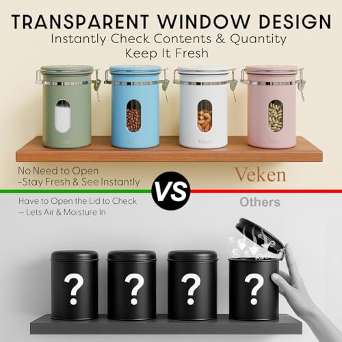 Veken Coffee Canister with Window, Airtight Stainless Steel Container,Date Tracker, Kitchen Food Storage Jars for Beans, Ground, Espresso, Rice,Tea, Sugar, Cereal, Gifts, Scoop, Pink, 22OZ (Pack of 2)