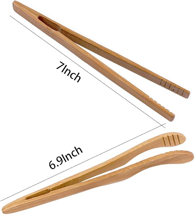 4 pack Bamboo Toaster Tongs - 7” Reusable Wood Cooking Tongs -Ideal Kitchen Utensil For Cheese Bacon Muffin Fruits Bread- Ultra Grip - Eco-friendly (Yellow-4 pcs)