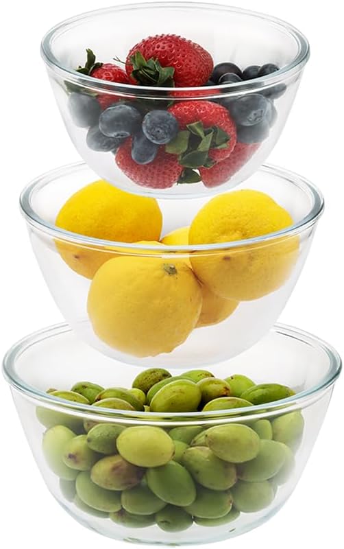 Cuiselect Small 3pc Glass Mixing Bowls Sets (1.64QT, 1.16QT, 0.85QT), Nesting Mixing Bowls for Cooking Prep, Baking, Storage, Salad Bowls Sets-Dishwasher Microwave Freezer Safe