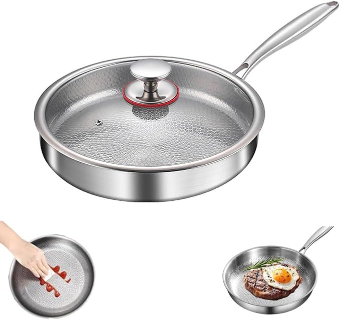 Titanium Hammered Pan Pro with Lid, Multifunctional Ultra-Durable Scratch-Resistant Non Stick, Even Heating for Cooking, Titaniums Nutri Pans Compatible with All Cooktops,9.44in/lid