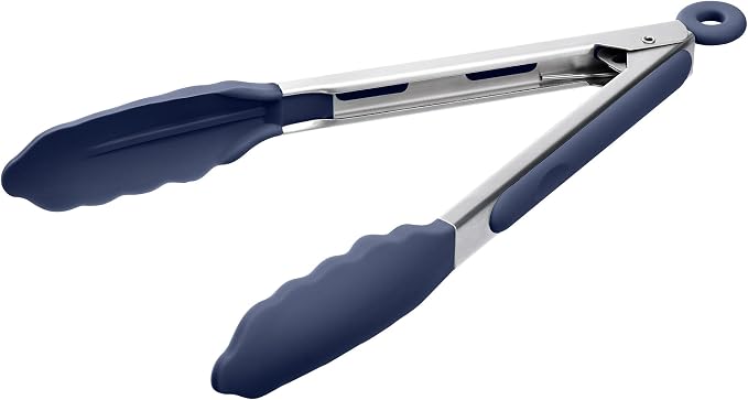 Doosu Kitchen Tongs with Silicone Tips for Cooking Serving (9in, Navy Blue) | 600°F Heat Resistant Food Tong, Heavy Duty Stainless Steel Locking Tong for BBQ, Grilling Steak, Salad, Toast, Pasta