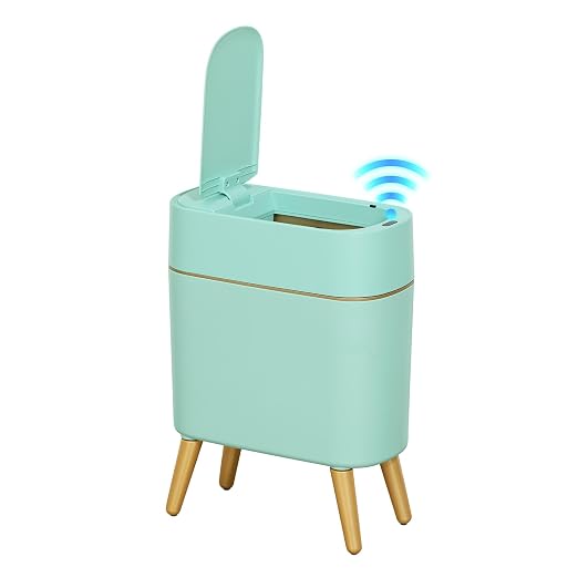 Touchless Bathroom Trash Can with Lid, Cute Tall Green Wastebasket | Waterproof,Narrow,Automatic,Convenient and Hygienic Easy to Use，2.6 gallon Small Garbage bin for Bedroom, Office，Living Room