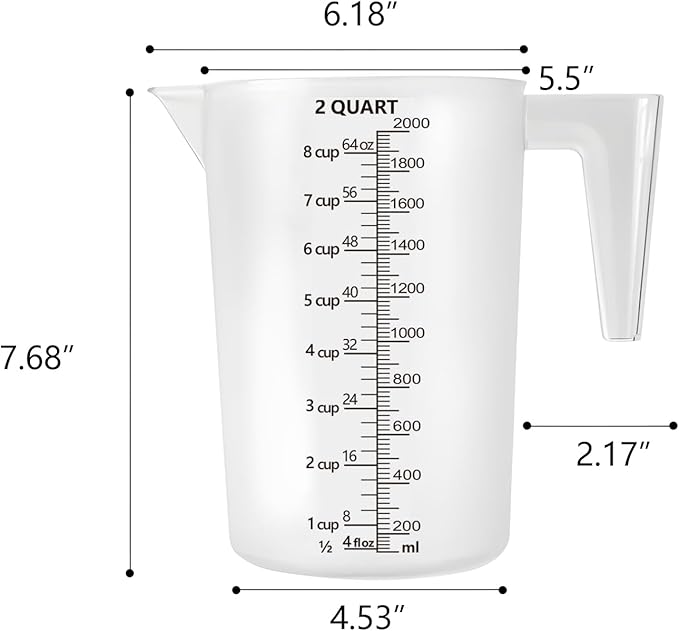 Plastic Measuring Cup with Handle, Pool Chemical Measuring Cup, Measuring Pitcher with Laser-Etched Markings for Liquid Mixing, Pouring, Lawn Care, Motor Oil, Lab Use (64 oz, 2000ml)