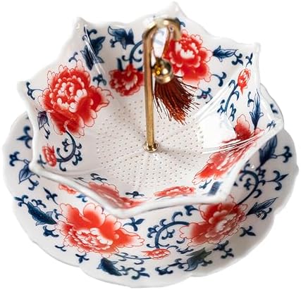 Umbrella Shape Ceramic Tea Strainer - Chinese Blue & White Porcelain Loose Leaf Filter with Rotating Design, Multi-Purpose Tea Infuser for Kung Fu/Coffee/Brewing (Red)