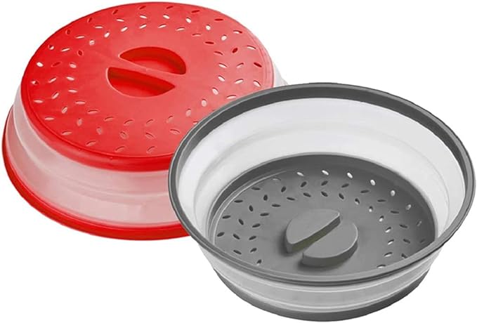 Collapsible Microwave Cover for Food Microwave Splatter Cover Fruit Drainer BPA-Free Dishwasher Safe 10.5 inch, GREY&RED