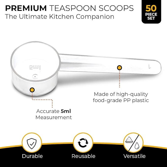 50 Pack Teaspoon Measuring Spoons, 1 Tsp (5 mL) Plastic Creatine Scoops | Clear short-handle 1 tsp scoops for creatine, coffee, spices, grains, powders, baking ingredients, supplements and dry goods.