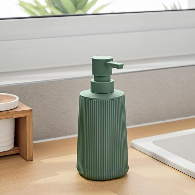 YAUKPH Small Soap Dispenser for Bathroom and Kitchen Matte Green | Modern Farmhouse Striped Style Plastic Hand Soap Dish Soap Dispenser with Pump