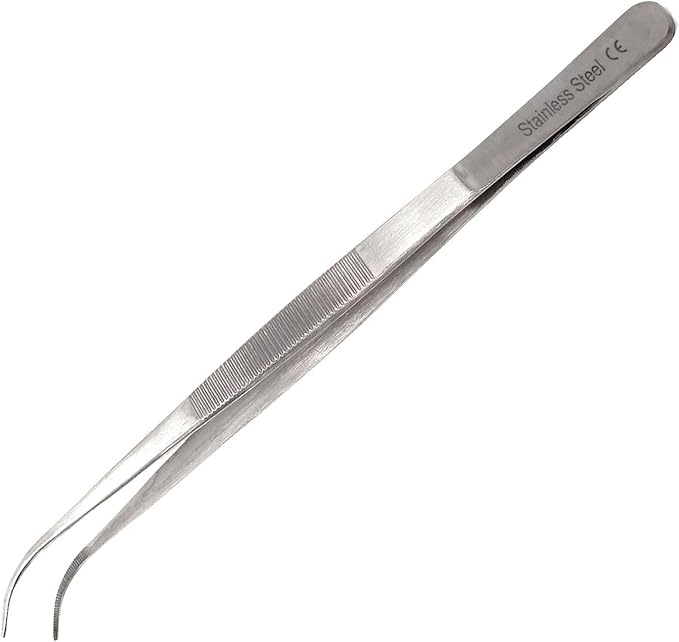 Professional Culinary Stainless Steel Precision Tongs With Serrated Tips - Plating/Food Presentation Detailing Serving - Chef's Kitchen Tweezer - Ultra Non-Slip Grip (8" Curved Slim)