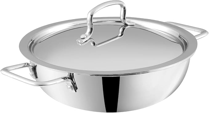 Vinod Platinum Triply Kadai, Extra Deep, 24cm, Induction, for Home Kitchen | Stainless Steel Wok For Sauces, Stews And Soups; Electric Stove Compatible, Durable Tri-Ply Base