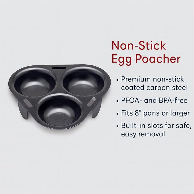 HIC Kitchen Non-Stick 3-Egg Poacher Insert, PFOA and BPA Free, Fits 8-Inch and Larger Pans