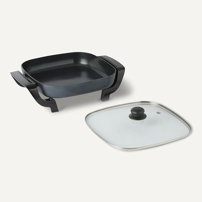Amazon Basics Electric Skillet and Frying Pan with Glass Lid, Nonstick Ceramic Coating, Adjustable Temperature Control, 15.6 x 12.1 x 6.9 inch, Black