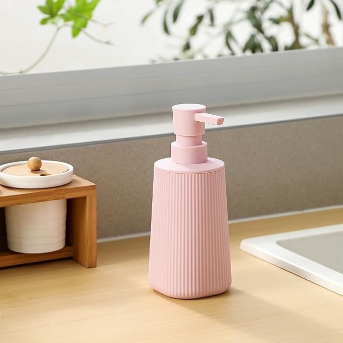 YAUKPH Small Soap Dispenser for Bathroom and Kitchen Matte Pink for Girls | Modern Farmhouse Striped Style Plastic Hand Soap Dish Soap Dispenser with Pump