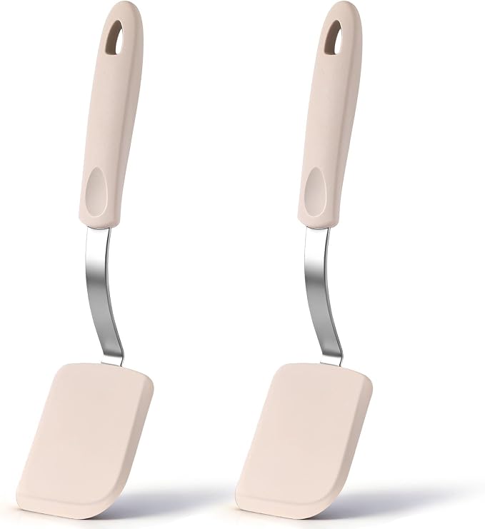 Silicone Cookie Spatula Turner 2 Pack Mini Brownie Spatula Flexible Kitchen Small Silicone Turner for Nonstick Cookware Heat Resistant No Scratch Flipper for Egg(Solid Flat,Khaki)