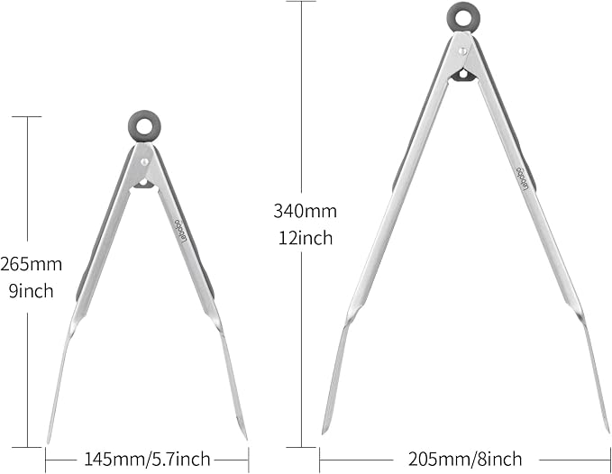 Tongs for Cooking, Set of 2 Metal Spatula Tongs for Grilling, Gray | 9 inch & 12 inch, Flat Spatula Head, Comfortable Handle, Strong Grip, Easy Pull Lock, Flipping Utensil