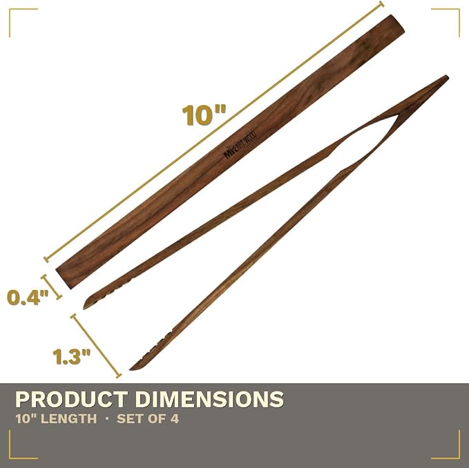 Wooden Tongs for Cooking – Set of 4 | Toaster Tongs & Salad Tongs | 10 Inch Wood Kitchen Tongs for Serving Food, Charcuterie & BBQ | Dark Hardwood | Heat Resistant