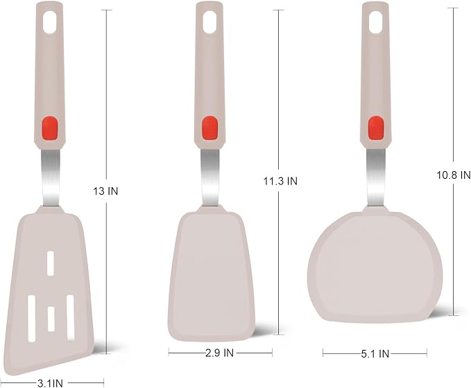 Beijiyi Silicone Spatula Turner Set of 3, 600°F Heat Resistant (Khaki) | Flexible Spatulas for Nonstick Cookware, Cooking, Flipping, Egg & Pancake, BPA Free Kitchen Utensils, Dishwasher Safe
