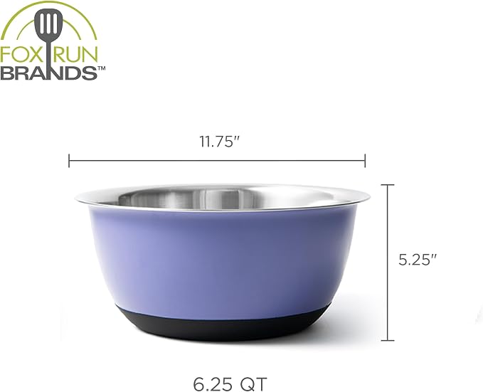 Fox Run Stainless Steel Mixing Bowl, 6.25 Quart Purple Mixing Bowl | Non-Skid Base For Easy Mixing | Cute Purple Design | Double Wall Stainless Steel Mixing Bowl For Temperature Retention