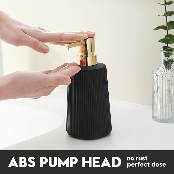 YAUKPH Small Soap Dispenser for Bathroom and Kitchen Matte Black and Gold | Modern Farmhouse Striped Style Plastic Hand Soap Dish Soap Dispenser with Pump
