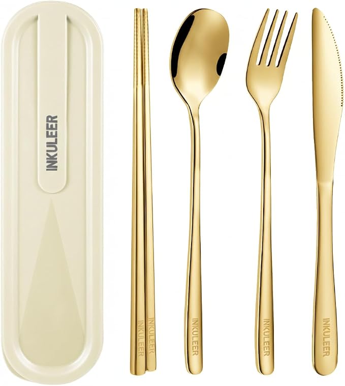 iNKULEER Travel cutlery set, 18/8 stainless steel cutlery, Reusable utensils set with case, Portable Silverware Lunch Box for Camping and Office-Stainless steel